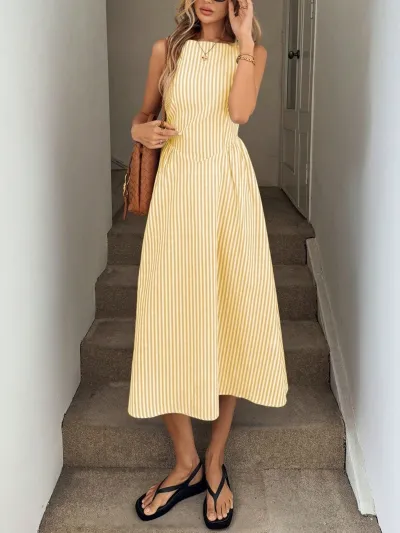 Women Fashion Casual Stripe Sleeveless Loose A-Line Dress