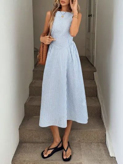 Women Fashion Casual Stripe Sleeveless Loose A-Line Dress