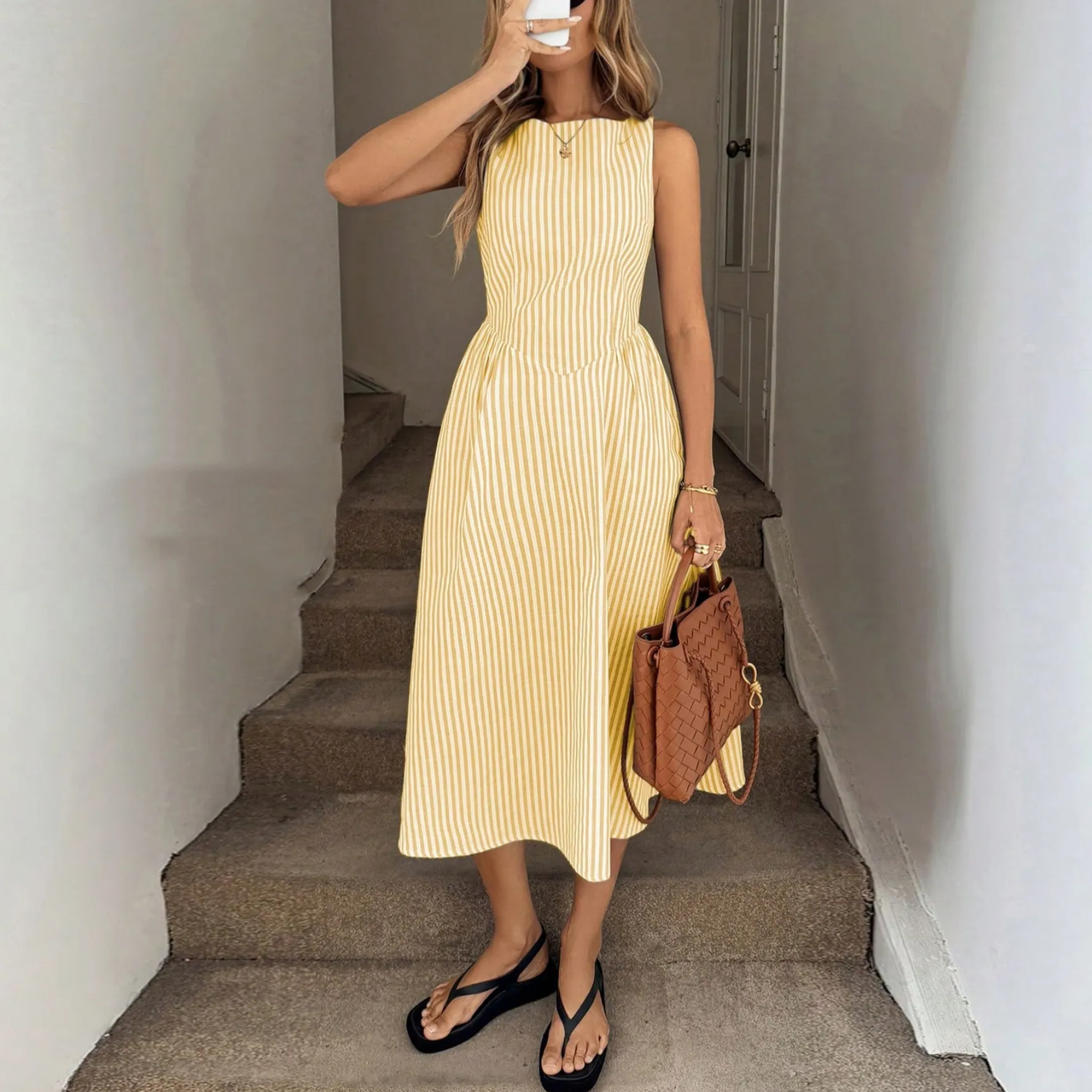 Women Fashion Casual Stripe Sleeveless Loose A-Line Dress