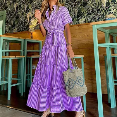Women Fashion Casual Stripe Lapel Short-Sleeve Loose Dress