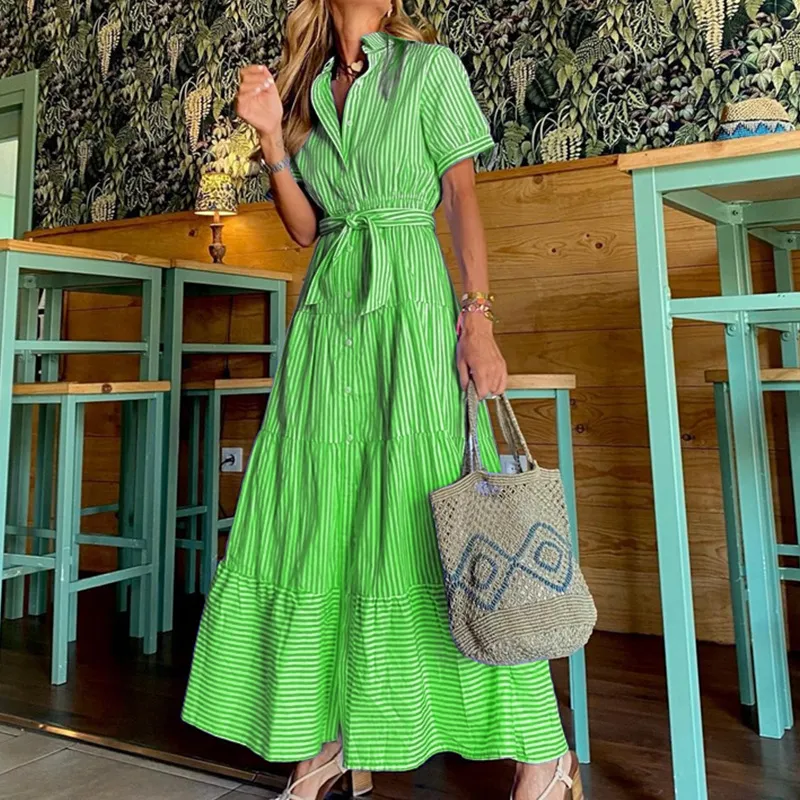 Women Fashion Casual Stripe Lapel Short-Sleeve Loose Dress