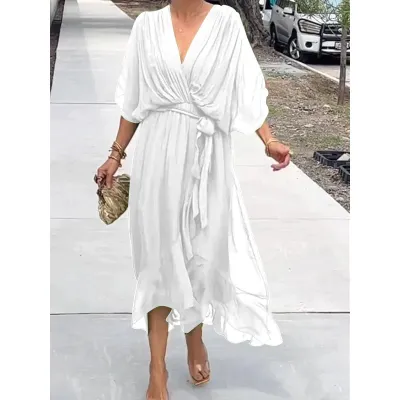 Women Fashion Casual Irregular Solid Color Bat-Sleeve Lace-Up Loose Dress