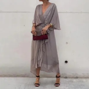 Women Fashion Casual Irregular Solid Color Bat-Sleeve Lace-Up Loose Dress