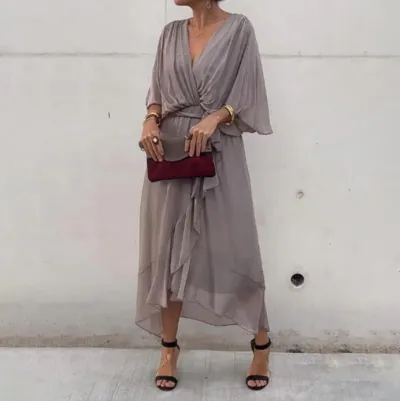 Women Fashion Casual Irregular Solid Color Bat-Sleeve Lace-Up Loose Dress