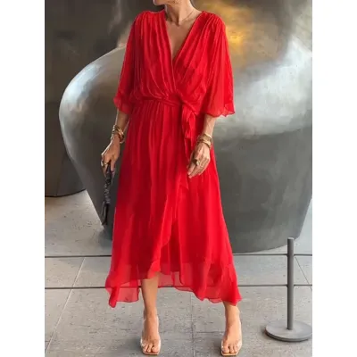 Women Fashion Casual Irregular Solid Color Bat-Sleeve Lace-Up Loose Dress