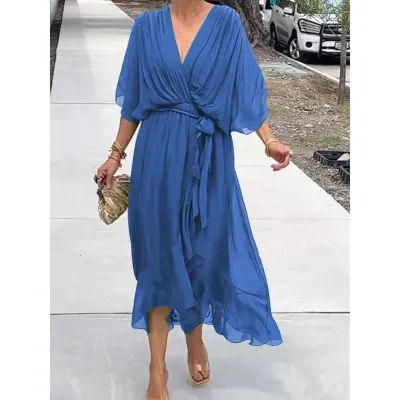 Women Fashion Casual Irregular Solid Color Bat-Sleeve Lace-Up Loose Dress