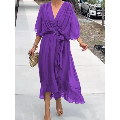Women Fashion Casual Irregular Solid Color Bat-Sleeve Lace-Up Loose Dress