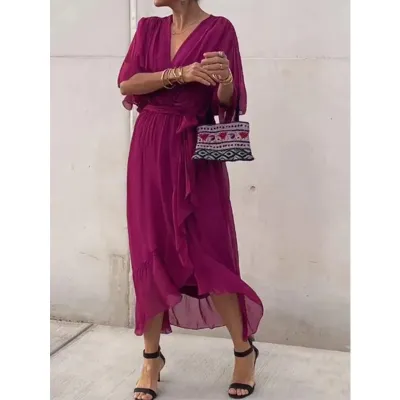 Women Fashion Casual Irregular Solid Color Bat-Sleeve Lace-Up Loose Dress