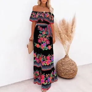 Women Fashion Casual Boho Printed Chiffon Off-Shoulder Loose Dress