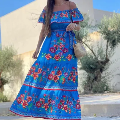 Women Fashion Casual Boho Printed Chiffon Off-Shoulder Loose Dress