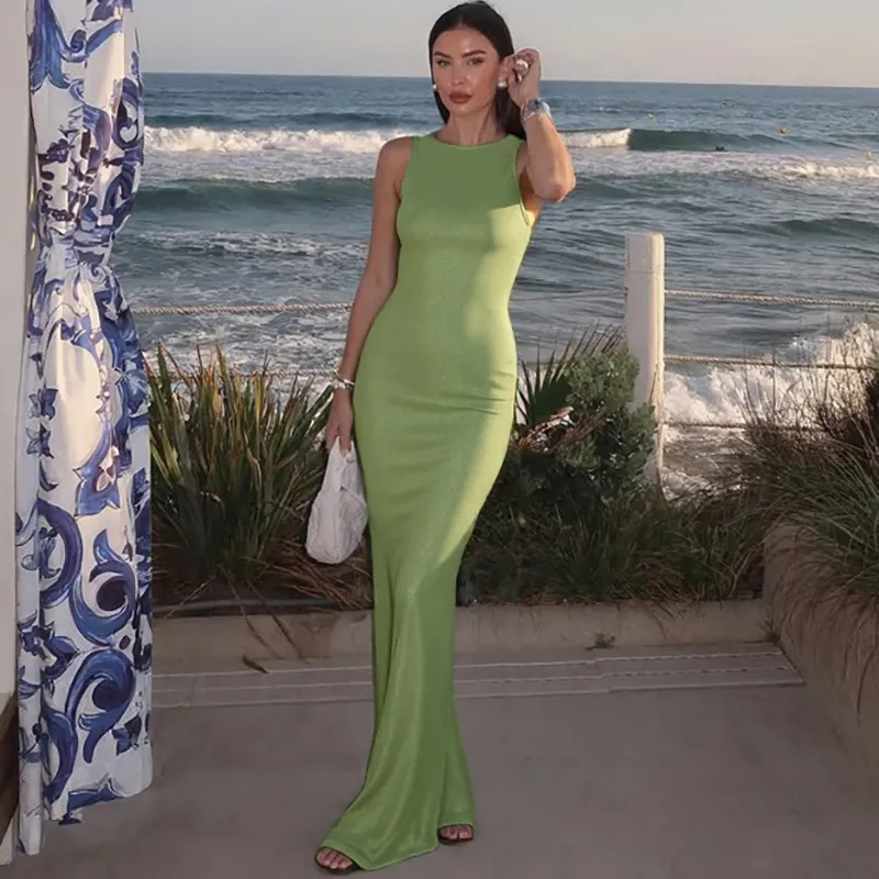 Women Fashion Sexy Solid Color Spaghetti Strap Backless Split Dress