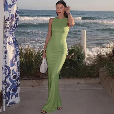 Women Fashion Sexy Solid Color Spaghetti Strap Backless Split Dress