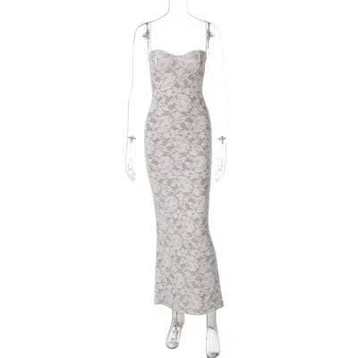 Women Fashion Sexy Solid Color Lace Stitching Spaghetti Strap Slim-Fit Dress