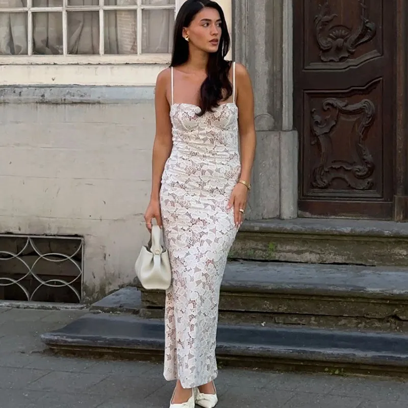 Women Fashion Sexy Solid Color Lace Stitching Spaghetti Strap Slim-Fit Dress