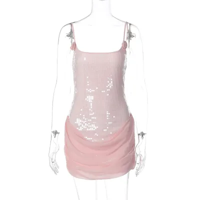 Women Fashion Sexy Solid Color Sequins Mesh Spaghetti Strap Slim-Fit Dress