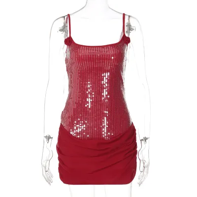 Women Fashion Sexy Solid Color Sequins Mesh Spaghetti Strap Slim-Fit Dress