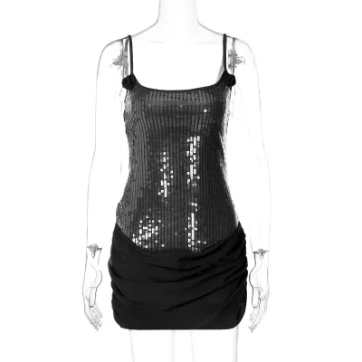 Women Fashion Sexy Solid Color Sequins Mesh Spaghetti Strap Slim-Fit Dress