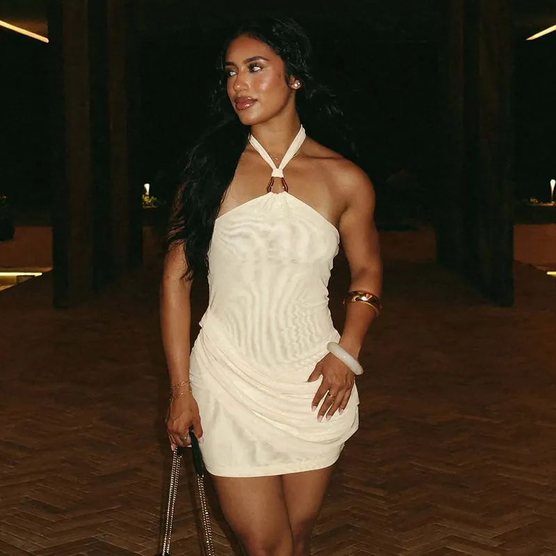 Women Fashion Sexy Solid Color Mesh Stitching Halter-Neck Dress