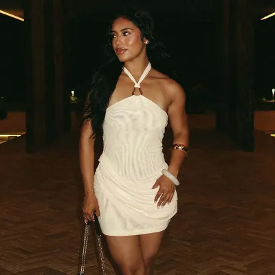 Women Fashion Sexy Solid Color Mesh Stitching Halter-Neck Dress