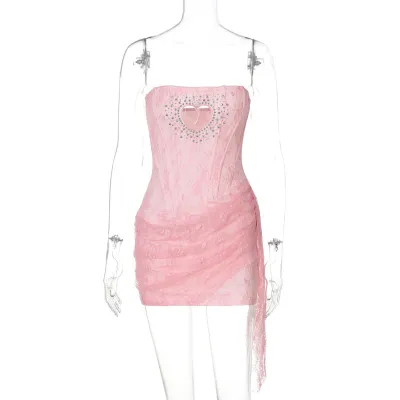 Women Fashion Sexy Solid Color Lace Hollow Love Stitching Tube Top Slim Fit Dress