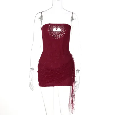 Women Fashion Sexy Solid Color Lace Hollow Love Stitching Tube Top Slim Fit Dress