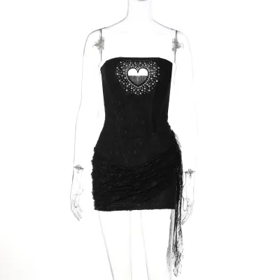 Women Fashion Sexy Solid Color Lace Hollow Love Stitching Tube Top Slim Fit Dress