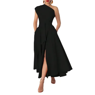 Women Plus Size Sexy Slant Shoulder Sleeveless Tight Waist Maxi Dress