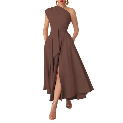 Women Plus Size Sexy Slant Shoulder Sleeveless Tight Waist Maxi Dress