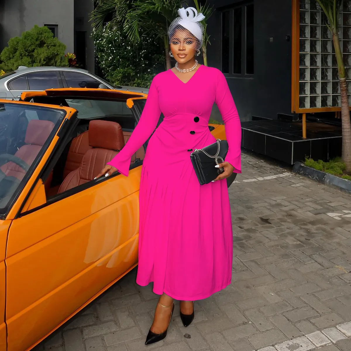 Women Fashion Elegant Solid Color V-Neck Long-Sleeve Tight Waist Pleated Dress