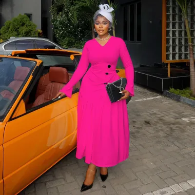 Women Fashion Elegant Solid Color V-Neck Long-Sleeve Tight Waist Pleated Dress