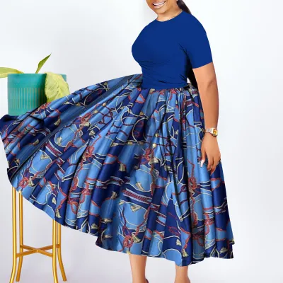Women Fashion Casual Plus Size Printed Pleated Short-Sleeve Loose Dress