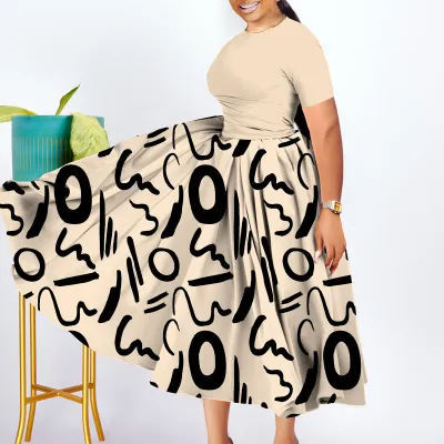 Women Fashion Casual Plus Size Printed Pleated Short-Sleeve Loose Dress