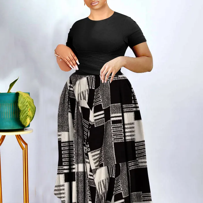 Women Fashion Casual Plus Size Printed Pleated Short-Sleeve Loose Dress