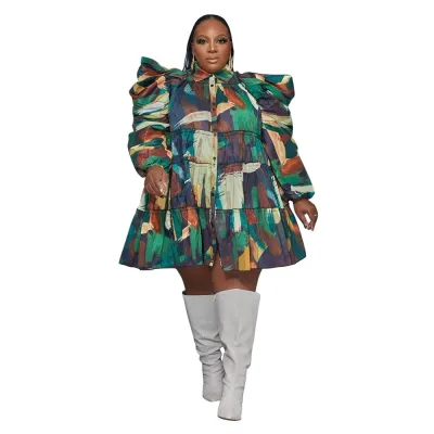 Women Plus Size Casual Printed Ruffled Lapel Long-Sleeve Button Loose Dress