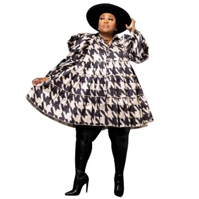 Women Plus Size Casual Printed Ruffled Lapel Long-Sleeve Button Loose Dress