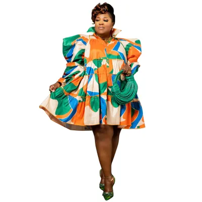 Women Plus Size Casual Printed Ruffled Lapel Long-Sleeve Button Loose Dress