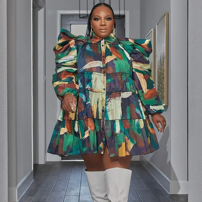 Women Plus Size Casual Printed Ruffled Lapel Long-Sleeve Button Loose Dress