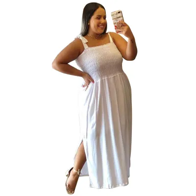 Women Fashion Sexy Solid Color Plus Size Sleeveless Pleated Split Loose Dress