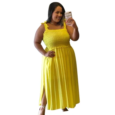 Women Fashion Sexy Solid Color Plus Size Sleeveless Pleated Split Loose Dress