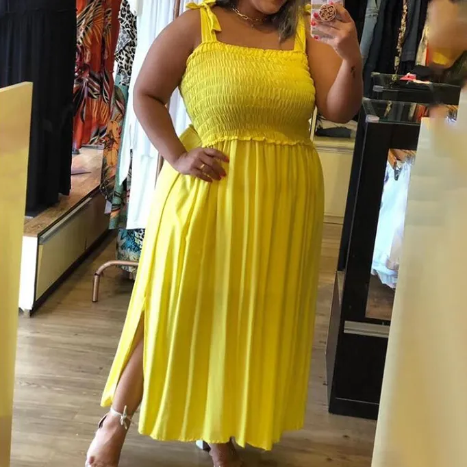 Women Fashion Sexy Solid Color Plus Size Sleeveless Pleated Split Loose Dress
