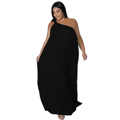 Women Fashion Sexy Solid Color Plus Size Sleeveless Slanted Shoulder Backless Loose Chiffon Dress