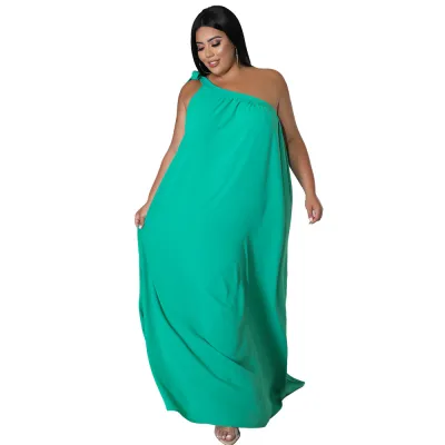 Women Fashion Sexy Solid Color Plus Size Sleeveless Slanted Shoulder Backless Loose Chiffon Dress