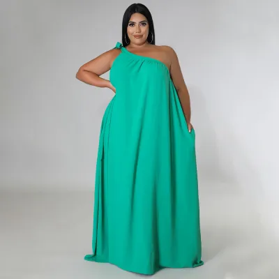 Women Fashion Sexy Solid Color Plus Size Sleeveless Slanted Shoulder Backless Loose Chiffon Dress