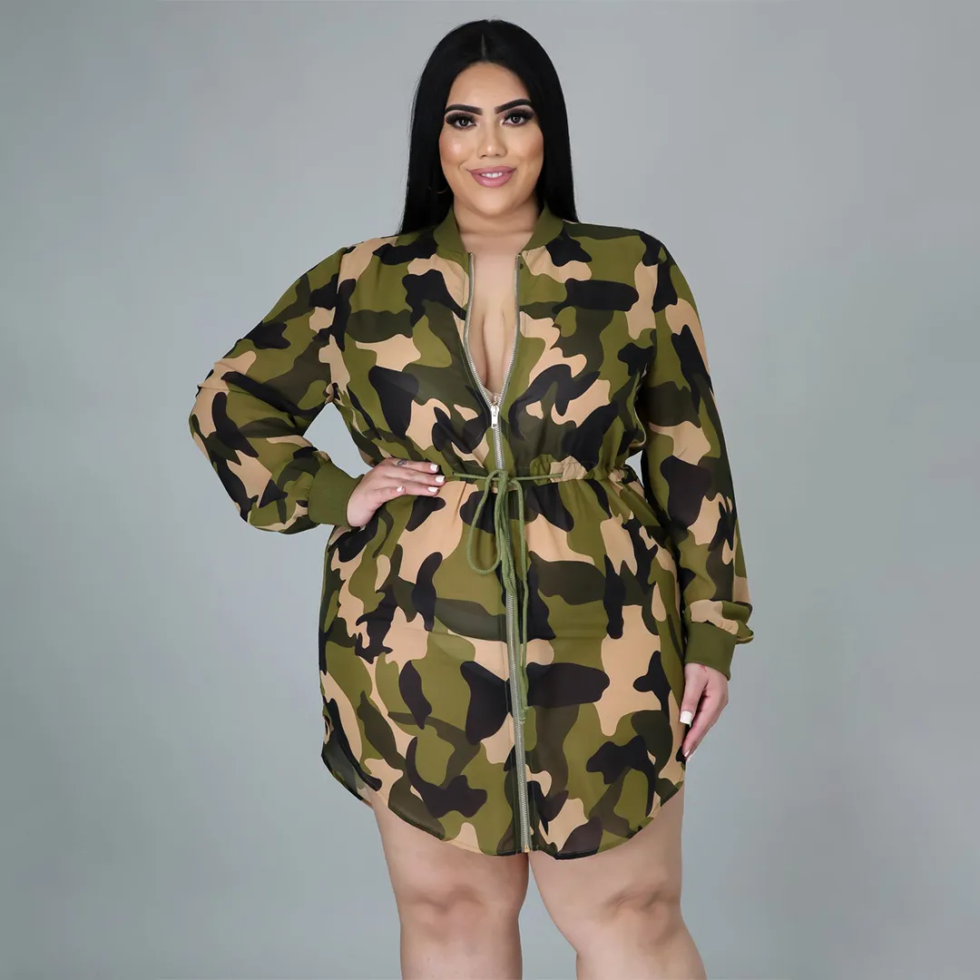 Women Fashion Casual Plus Size Camouflage Print Long-Sleeve Loose Midi Dress