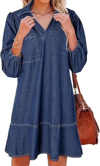 Women Fashion Casual Solid Color Lapel Long-Sleeve Loose Denim Dress