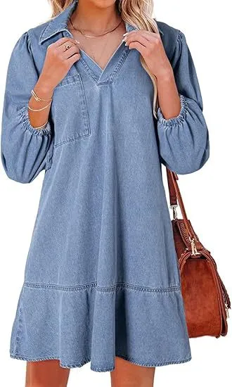 Women Fashion Casual Solid Color Lapel Long-Sleeve Loose Denim Dress