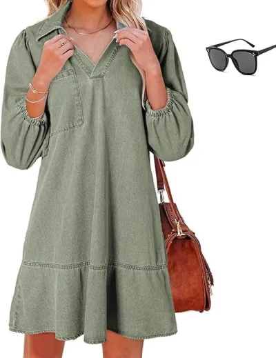 Women Fashion Casual Solid Color Lapel Long-Sleeve Loose Denim Dress