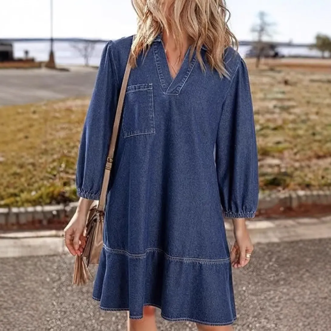 Women Fashion Casual Solid Color Lapel Long-Sleeve Loose Denim Dress