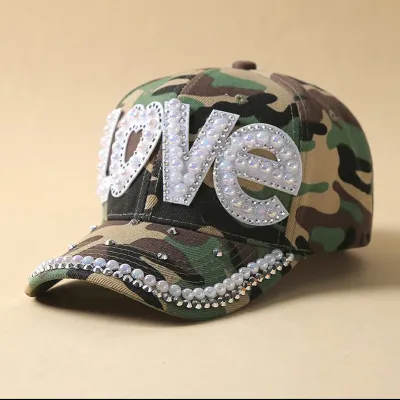 Women Fashion Casual Camouflage Pearl Rhinestone Baseball Cap