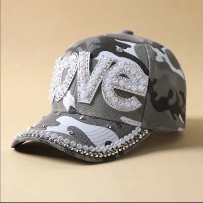 Women Fashion Casual Camouflage Pearl Rhinestone Baseball Cap